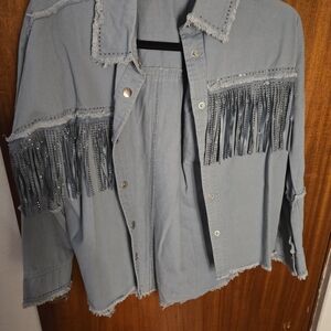 SHEIN Gray Jean Jacket with Fringe